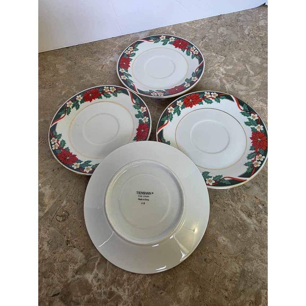 Set Of 4 Tienshan Fine China Deck The Halls‎ Saucers Poinsettia And Ribbons